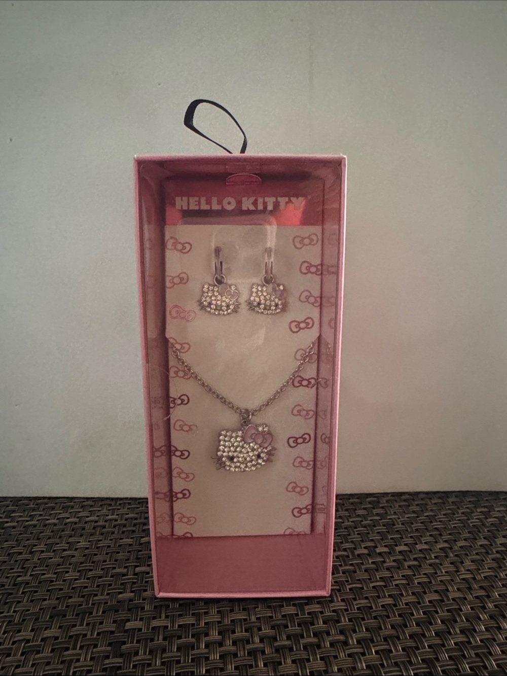Hello Kitty Silver-Tone Crystal Pendant & Earrings with Pink Bow Accent